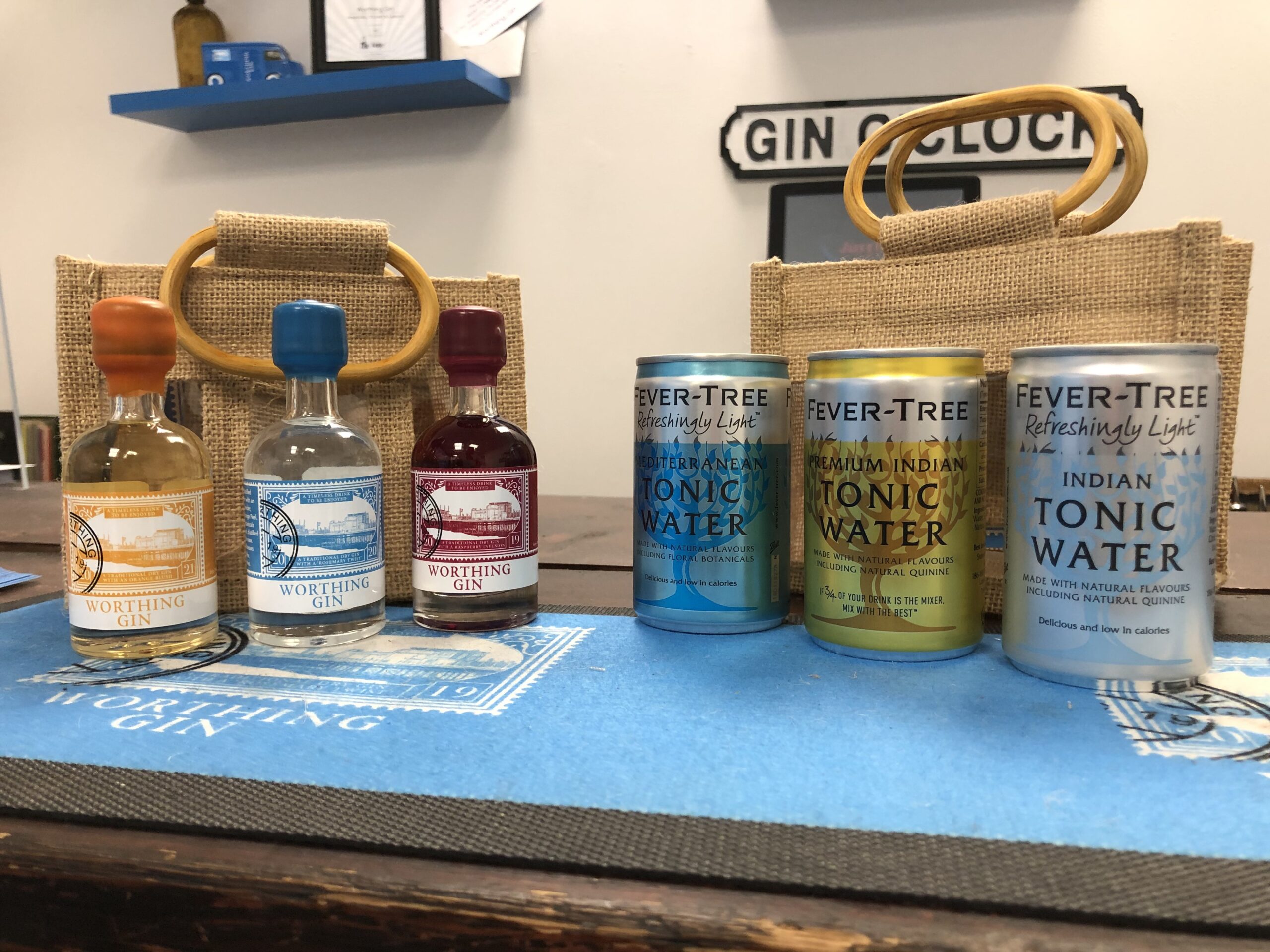 W Gin 3 x 50ml Mini bottles with 3 paired tonics in bag Worthing Gin